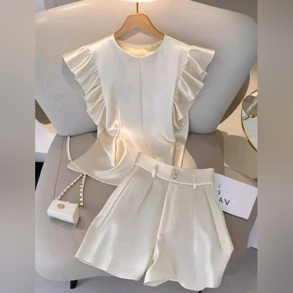 2pcs/Set Women Ruffled Short Sleeve Top And Shorts Co-Ord Set, For Comm - Picture 1 of 5
